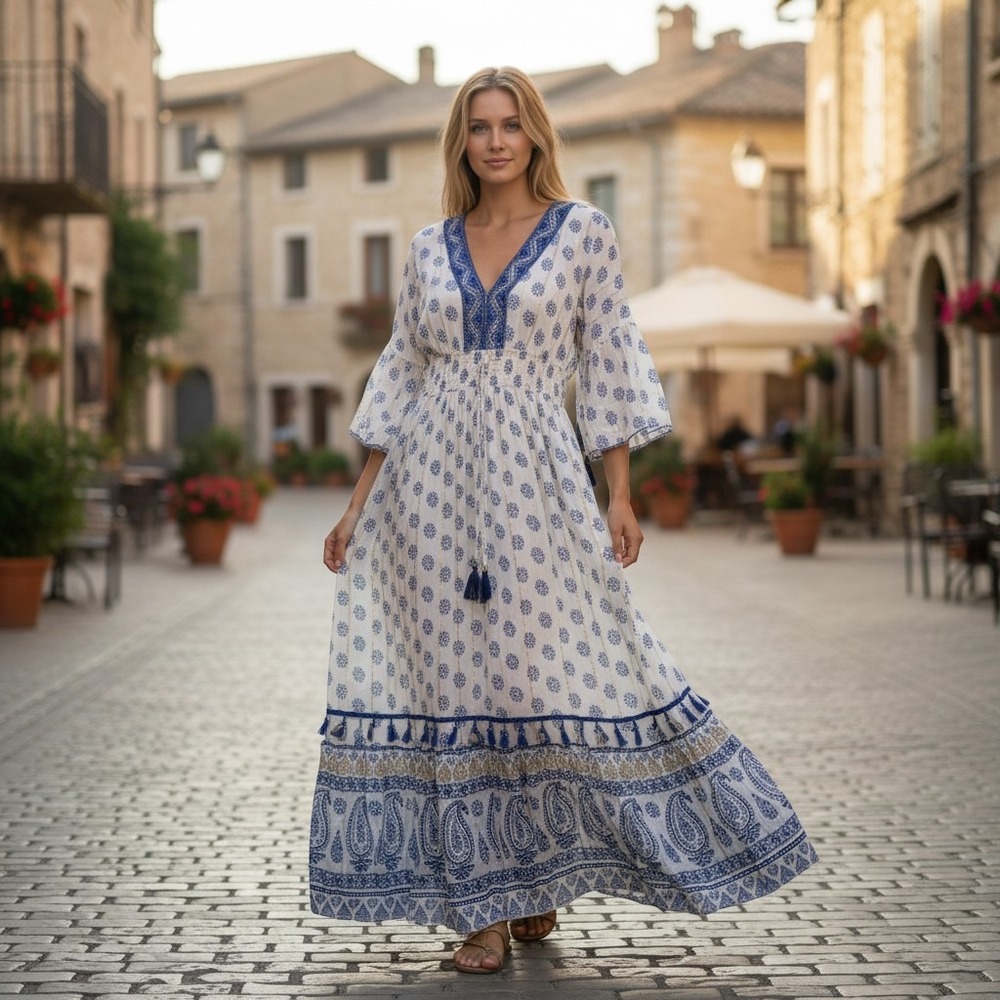 Me 2 Magic Boho Maxi Dress Blue White Paisley Gold Metallic Tassel M M2M101